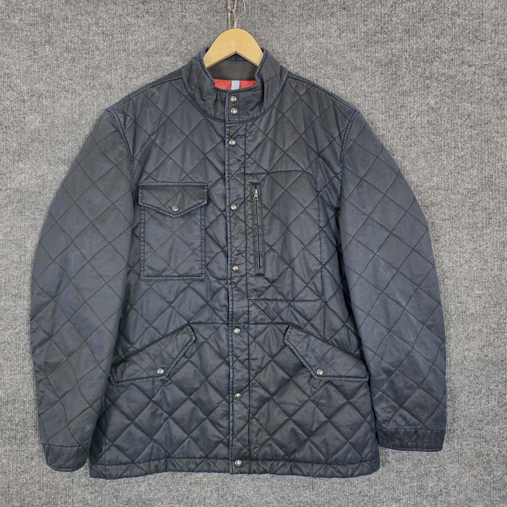 Johnnie-O Weldon Quilted‎ Jacket Mens L Blue Snap Front Waxed Cotton Barn Coat